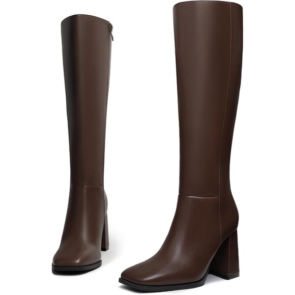 Women's Faux Leather Brown Square Toe Side Zipper Chunky Heel Knee High Boots - Picture 5 of 6